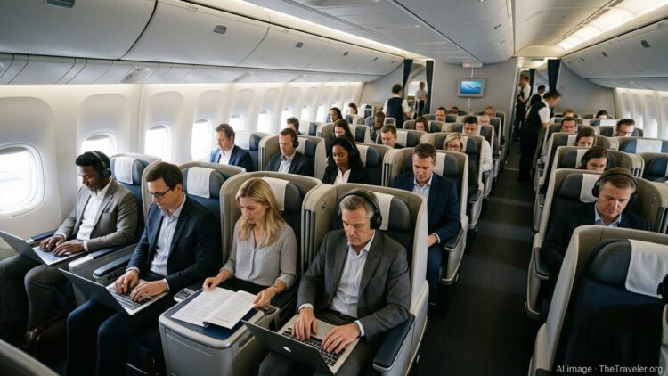 Busy transatlantic aircraft cabin with business travelers working in premium seats.