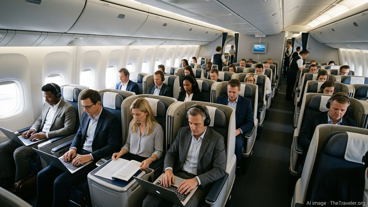 Busy transatlantic aircraft cabin with business travelers working in premium seats.