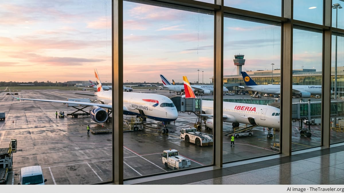 Morning view of British Airways, Iberia, Air France-KLM and Lufthansa jets lined up at a busy European airport.