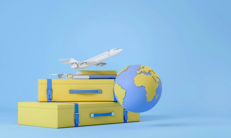 3D rendering of an airplane, suitcases, and a globe