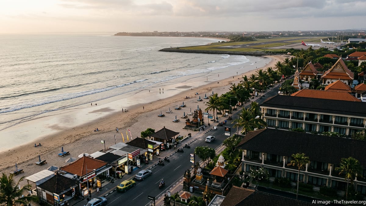 Quiet beach road and low-occupancy seaside hotels in Southeast Asia under a hazy evening sky.