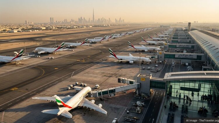 Grounded aircraft and quiet runways at a major Gulf airport during Middle East airspace closures.