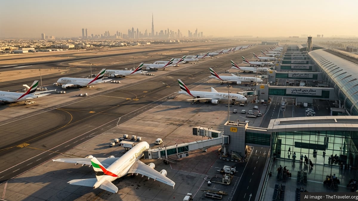 Grounded aircraft and quiet runways at a major Gulf airport during Middle East airspace closures.