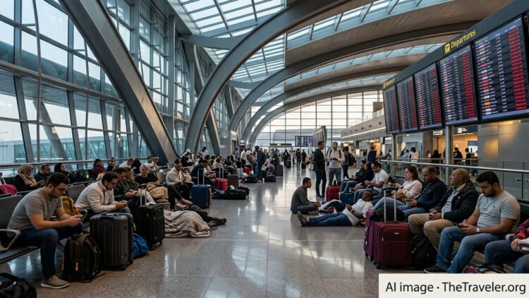 Stranded passengers crowd the main hall of Doha’s Hamad International Airport beneath cancelled flight boards.