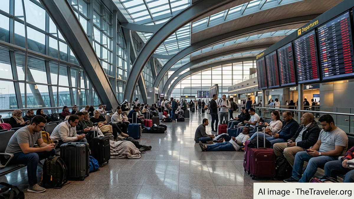 Stranded passengers crowd the main hall of Doha’s Hamad International Airport beneath cancelled flight boards.