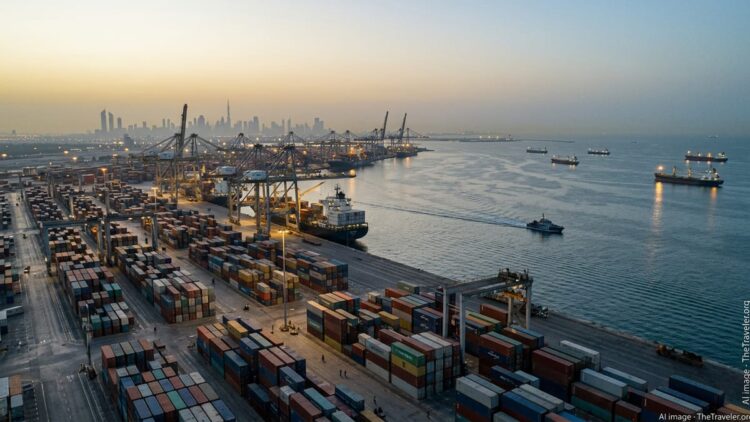 Jebel Ali Port in Dubai at dusk with container cranes and ships under hazy Gulf skies.