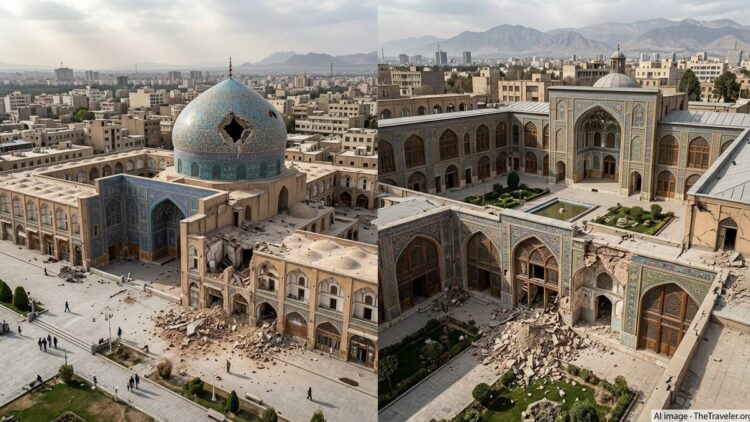 Damaged Iranian palace and mosque complex with rubble and cracked tiles amid surrounding city.