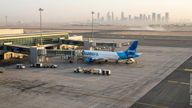 Jazeera Airways aircraft on a busy Gulf airport apron at sunrise with desert skyline in the background.