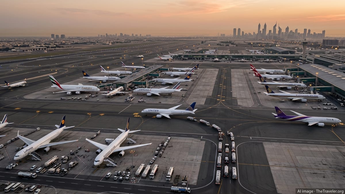 Wide airport scene at dusk with multiple global airline jets on the tarmac amid a hazy, fuel-laden atmosphere.