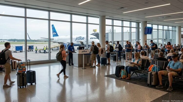 Passengers waiting at a JetBlue gate with a JetBlue aircraft outside at sunrise.