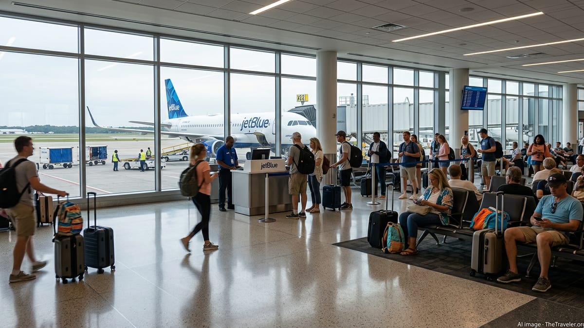 Passengers waiting at a JetBlue gate with a JetBlue aircraft outside at sunrise.