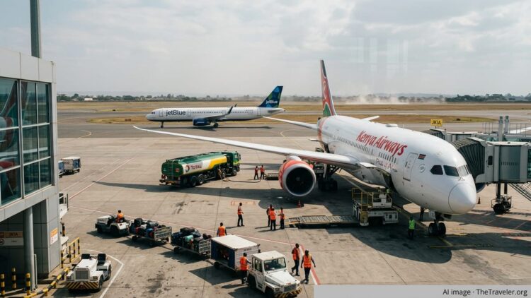 Kenya Airways jet at Nairobi airport gate with a JetBlue aircraft taxiing in the background.