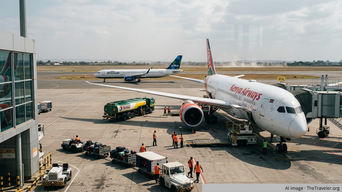 Kenya Airways jet at Nairobi airport gate with a JetBlue aircraft taxiing in the background.