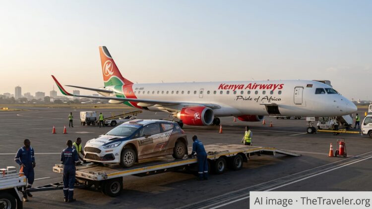 Kenya Airways jet and WRC rally car being unloaded on the tarmac at Nairobi airport.