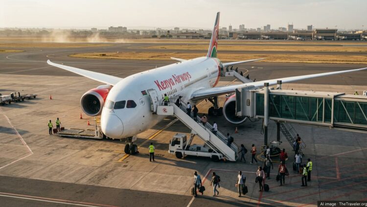 Kenya Airways jet on Nairobi tarmac as repatriated passengers disembark.