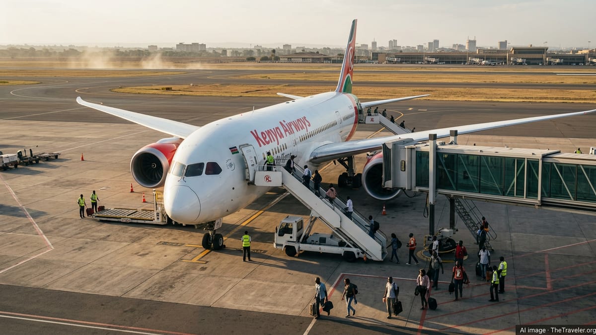 Kenya Airways jet on Nairobi tarmac as repatriated passengers disembark.