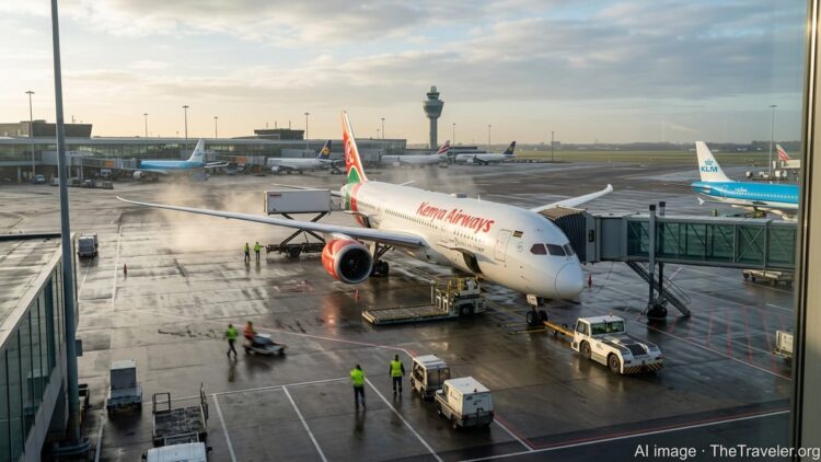 Kenya Airways Boeing 787 at a gate in Amsterdam with other European aircraft in the background.