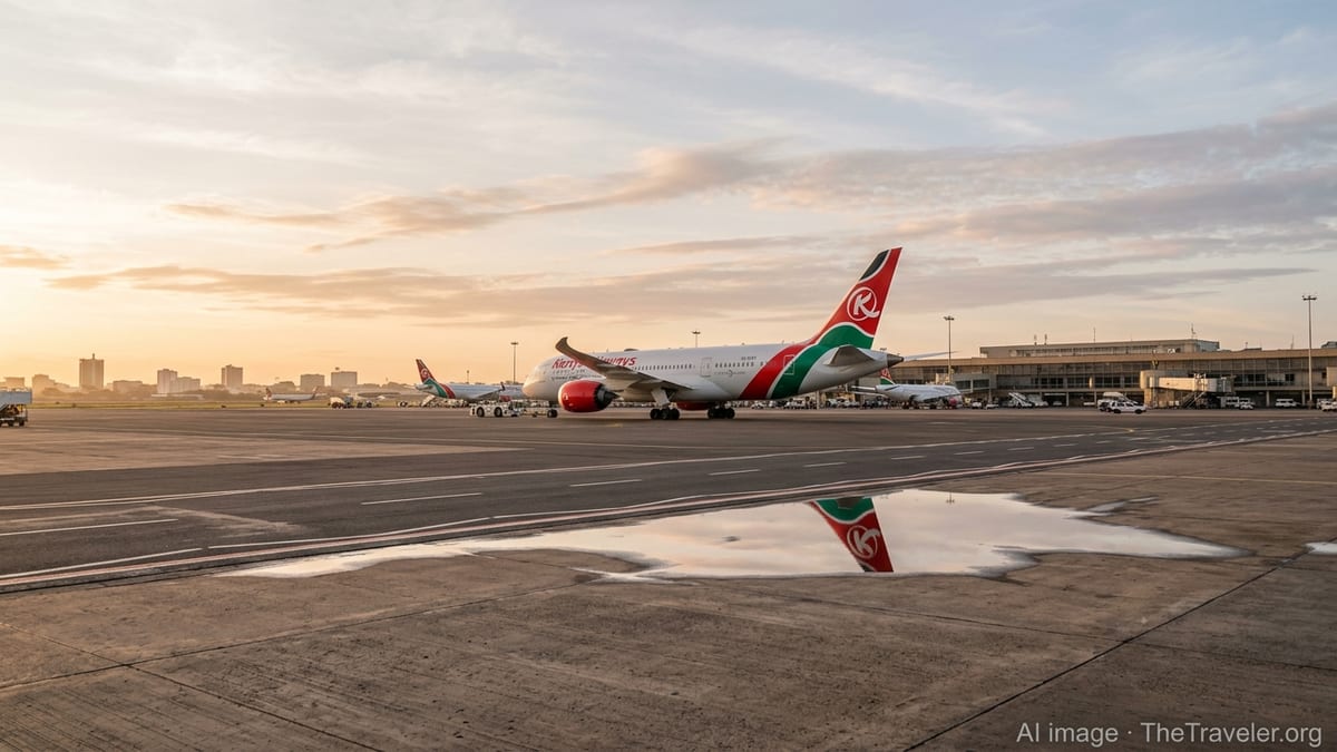 Kenya Airways Dreamliner on the Nairobi airport tarmac at sunrise with ground activity.