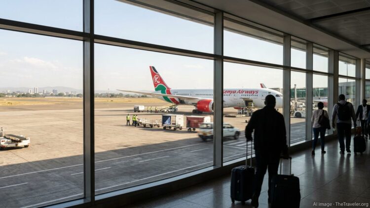 Kenya Airways Dreamliner at Nairobi airport gate with passengers watching from the terminal.