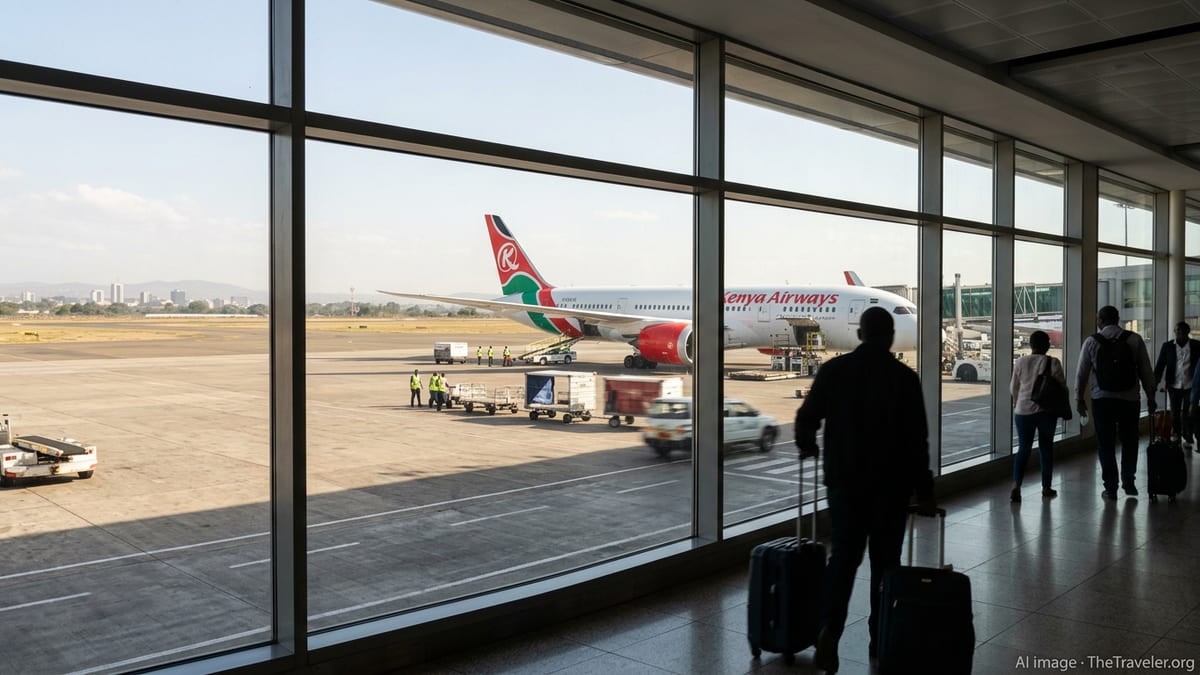 Kenya Airways Dreamliner at Nairobi airport gate with passengers watching from the terminal.