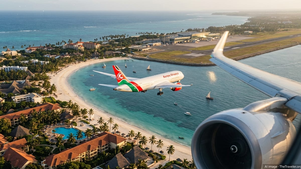 A Kenya Airways jet approaches a coastal Kenyan airport, with beaches, resorts and the Indian Ocean below.