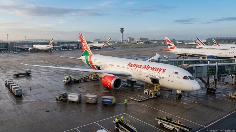Kenya Airways Boeing 787 at a London Heathrow gate during a busy golden-hour turnaround.