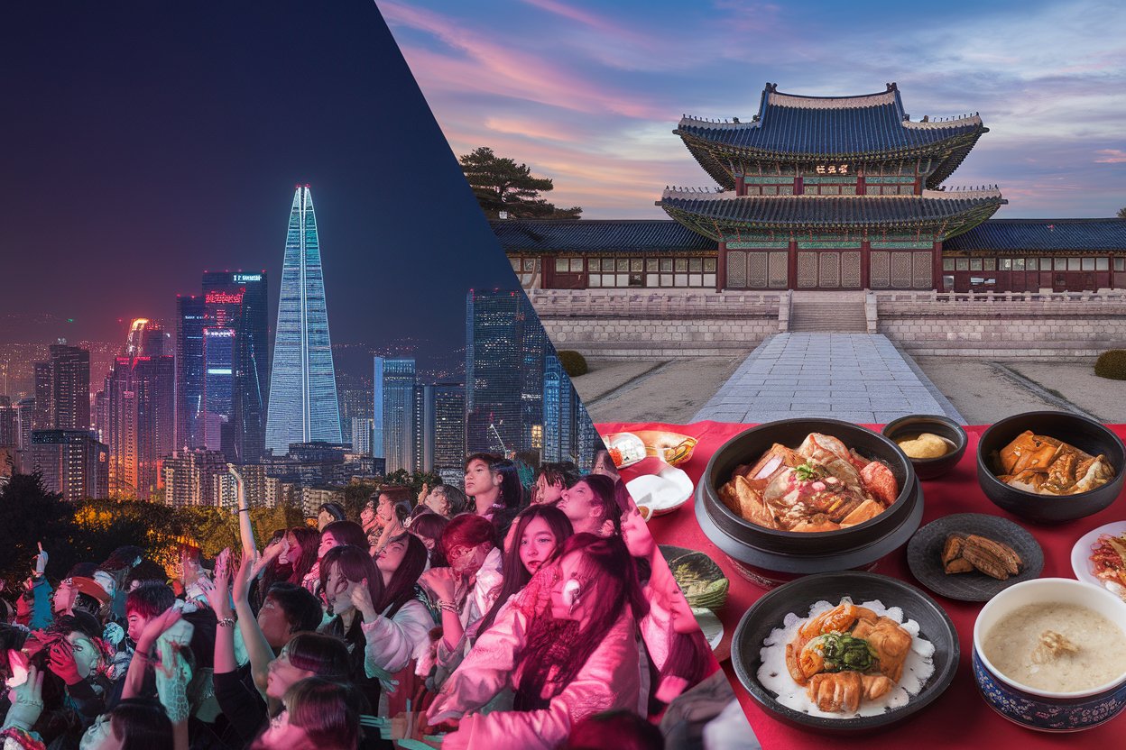 Dynamic split-frame composite: left side neon seoul skyline at night, right side ancient korean palace in daylight, foreground overlay of cheering k-pop crowd and traditional korean cuisine table spread, bold colour contrast, hyper-realistic cinematic detail, ultra-sharp focus, dramatic travel magazine cover style.