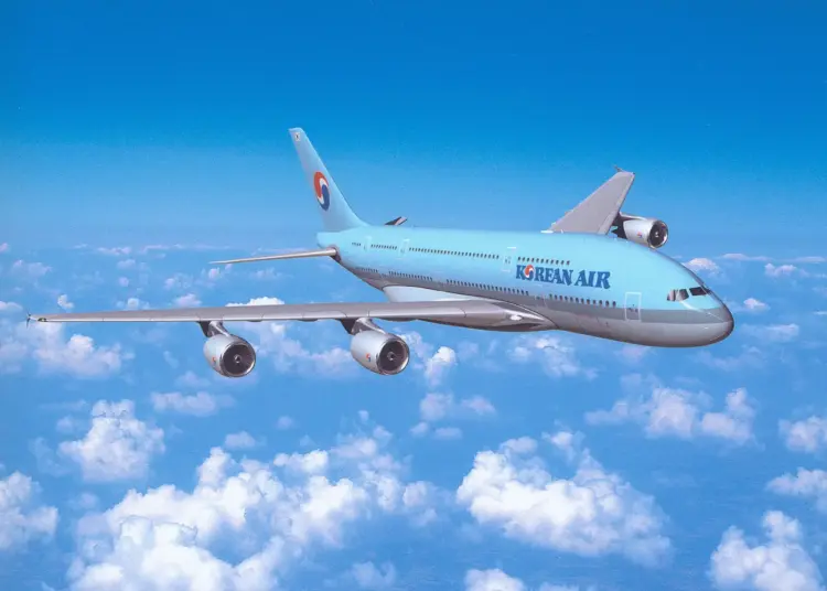 Korean Air passenger aircraft flying above clouds during a commercial international flight