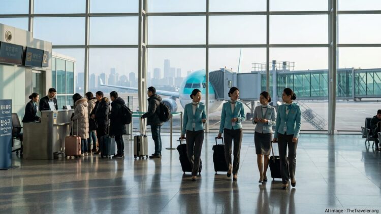 Korean Air cabin crew walking toward a boarding gate with a Korean Air jet outside a Chinese airport window.