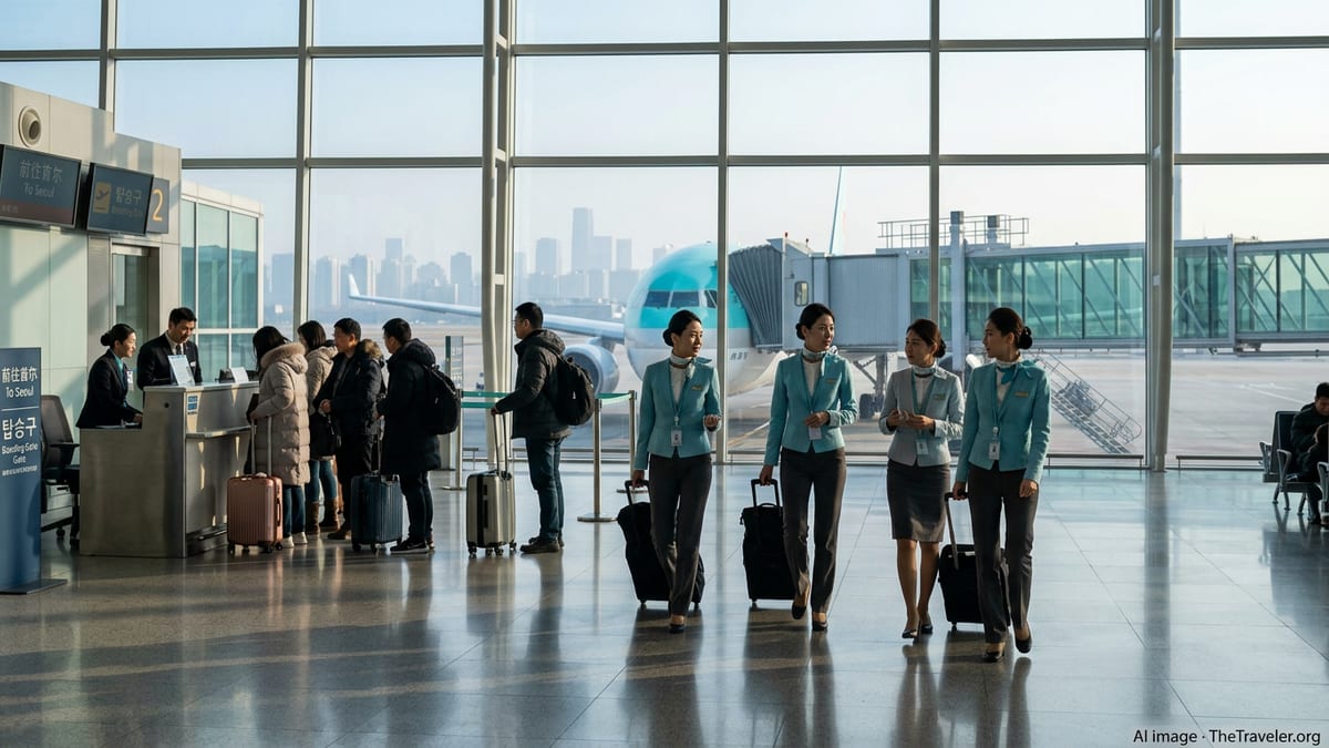 Korean Air cabin crew walking toward a boarding gate with a Korean Air jet outside a Chinese airport window.
