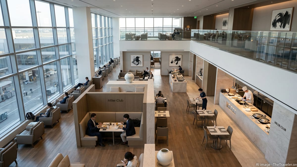 Passengers relax in Korean Air’s new two-level flagship lounge at LAX with large windows and warm wood interiors.