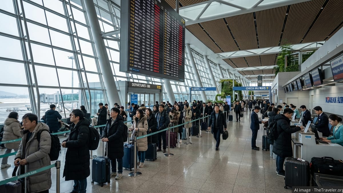 Crowded check in area at Incheon Airport as travelers face Korean Air and Philippine Airlines cancellations.