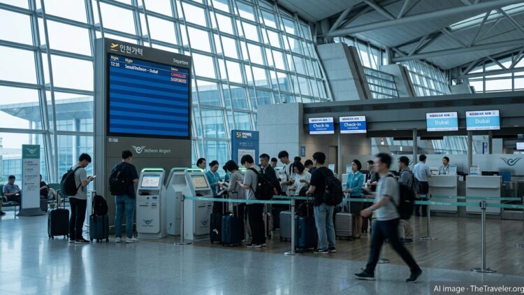 Passengers gather at a Korean Air check-in area in Incheon Airport as Dubai flights show as canceled on the departure board.