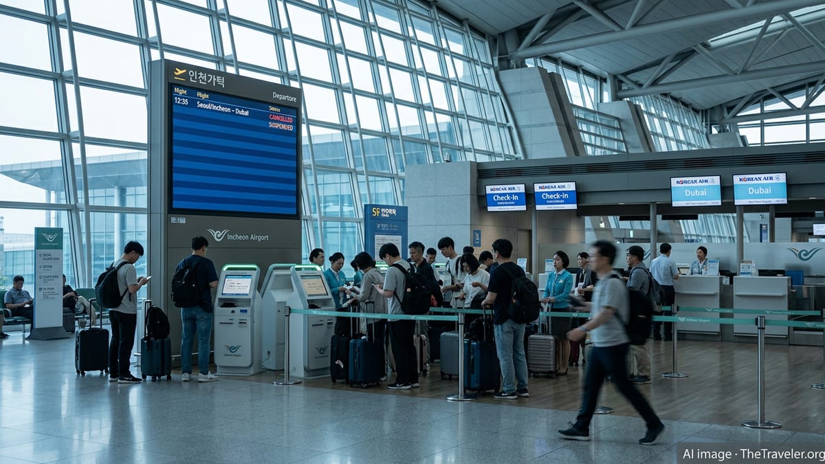 Passengers gather at a Korean Air check-in area in Incheon Airport as Dubai flights show as canceled on the departure board.