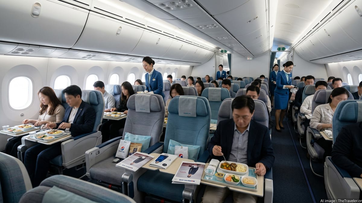 Flight attendants serve meals in a Korean Air cabin as passengers dine and browse duty-free catalogs.