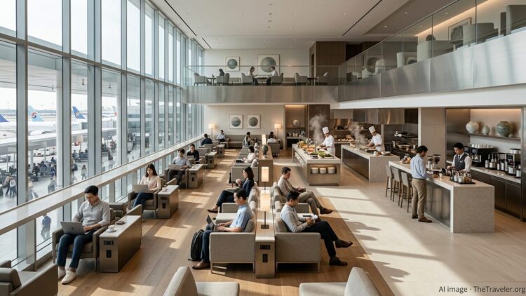Travelers relax in Korean Air’s spacious new two-level flagship lounge at LAX with bright windows and modern seating.