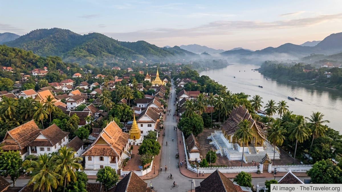 Aerial morning view of Luang Prabang’s old town, temples and Mekong River framed by green hills.