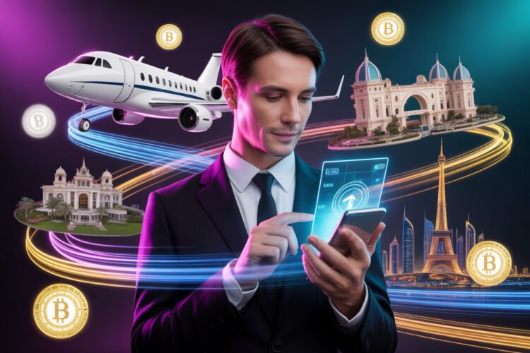 Cinematic composite showing a luxury traveller using a digital wallet to pay for a global journey, with private jets, luxury resorts and world landmarks connected by glowing blockchain lines and stablecoin symbols, vibrant colours, futuristic travel finance theme.