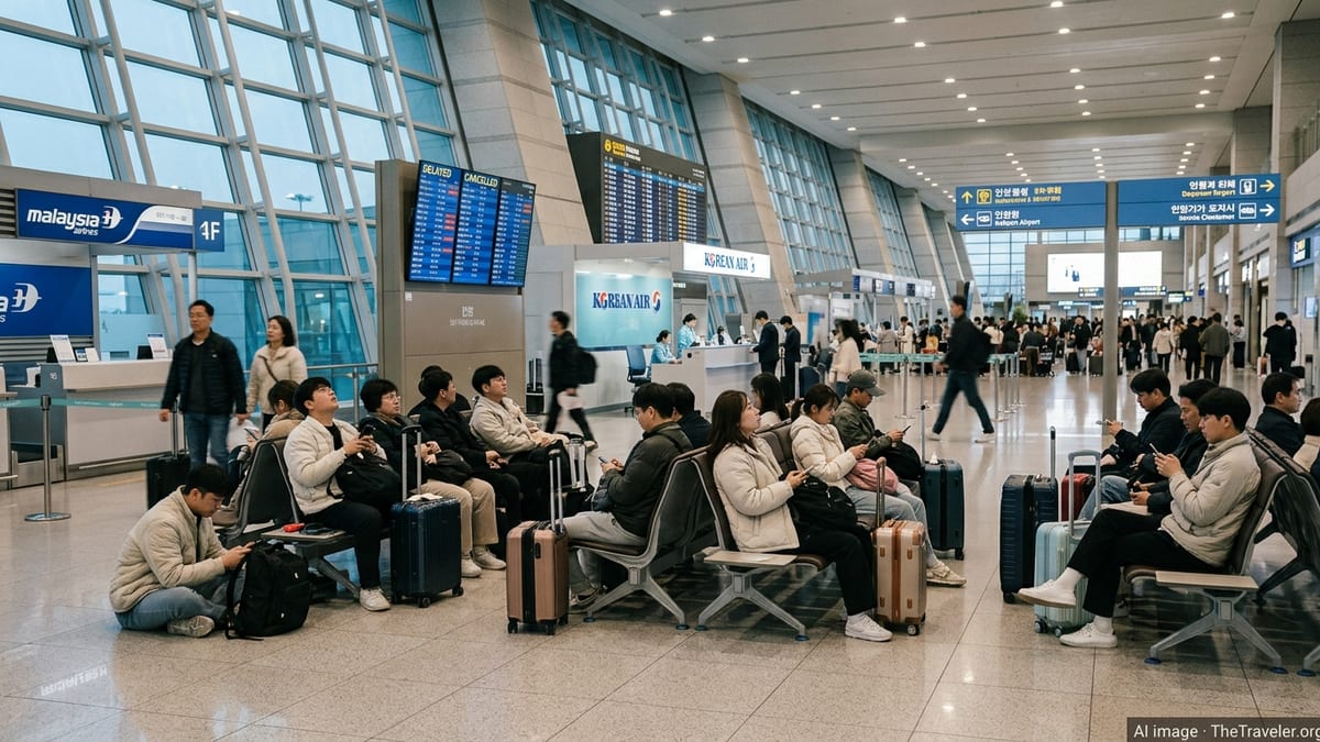Stranded passengers wait with luggage in a crowded Incheon Airport departure hall.