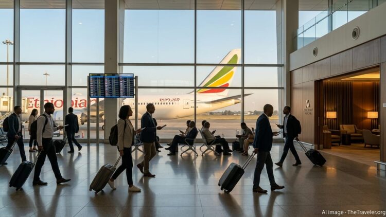 Travelers at Addis Ababa airport with an Ethiopian Airlines jet outside large windows.