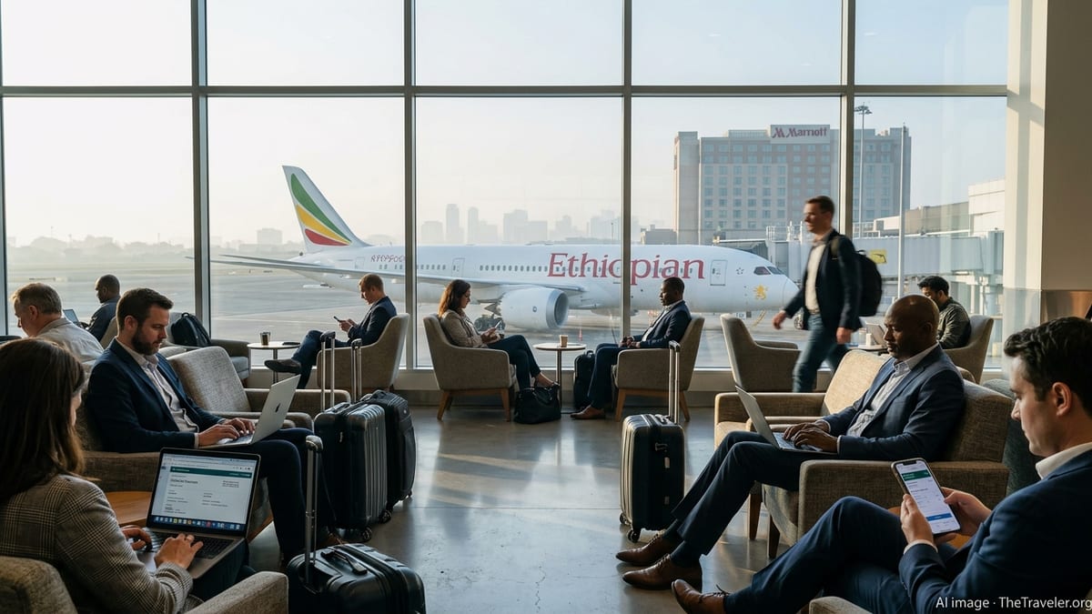 Travelers in an airport lounge overlooking an Ethiopian Airlines jet and a distant city hotel skyline.
