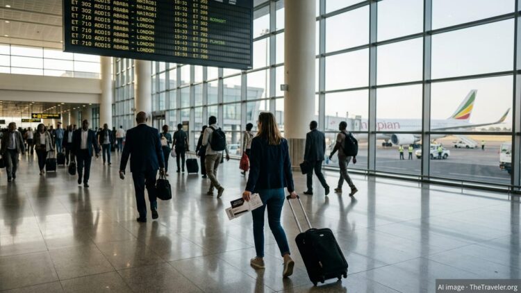 Traveler in Addis Ababa airport holding a room key card and boarding pass with Ethiopian Airlines jet outside.