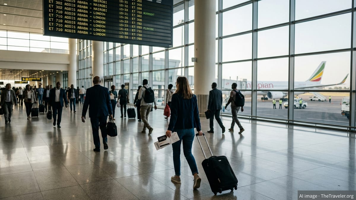 Traveler in Addis Ababa airport holding a room key card and boarding pass with Ethiopian Airlines jet outside.