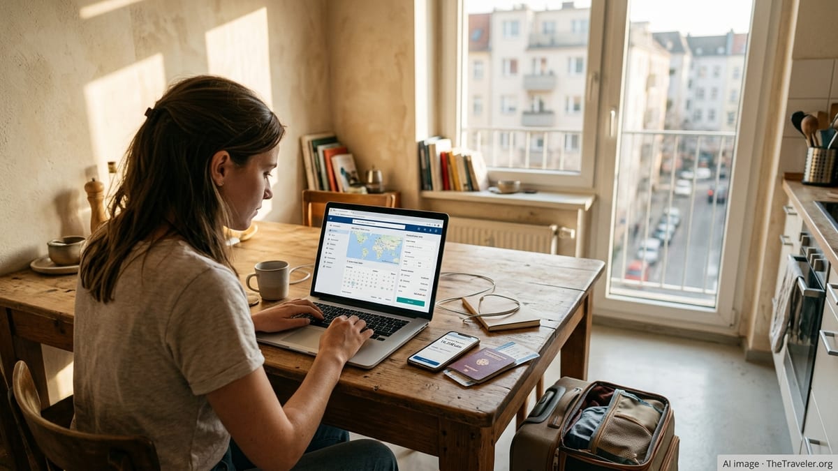 Traveler using a laptop at home to redeem reward points for flights and hotels.