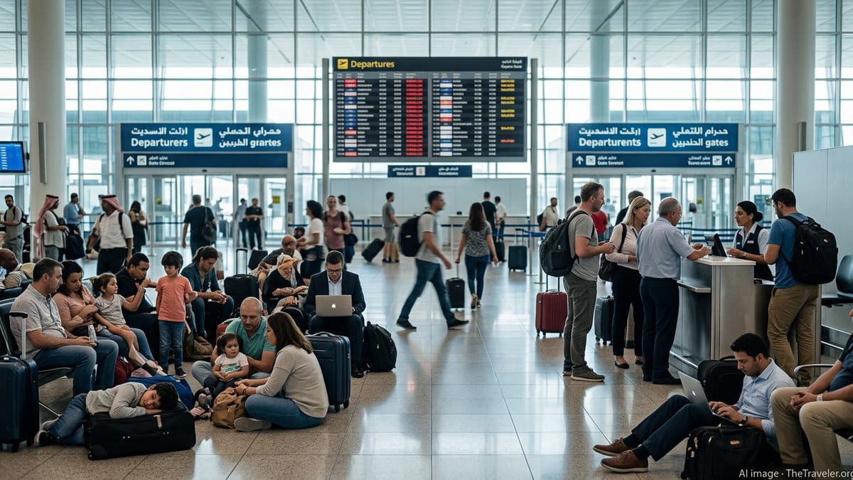 Stranded passengers crowd around a departures board showing cancelled and delayed flights in a Middle Eastern airport.