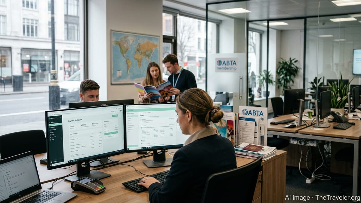 Travel agent in a modern UK office using a digital payment platform at a dual-monitor workstation.
