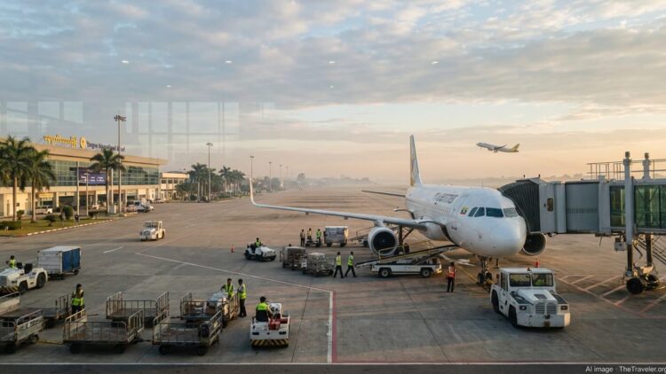 Myanmar Airways jet on the tarmac at Yangon International Airport at sunrise with ground crew working.