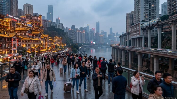 Evening crowd of tourists walking along Chongqing’s neon-lit riverside skyline with a monorail passing through high-rises.