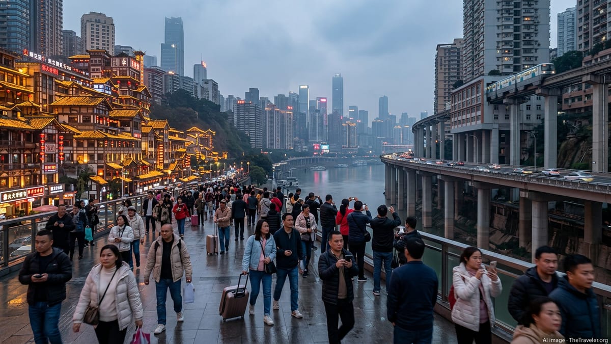 Evening crowd of tourists walking along Chongqing’s neon-lit riverside skyline with a monorail passing through high-rises.