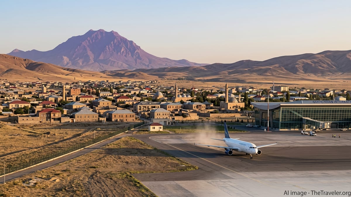 Sunrise over Nakhchivan airport with a passenger jet and mountain backdrop.